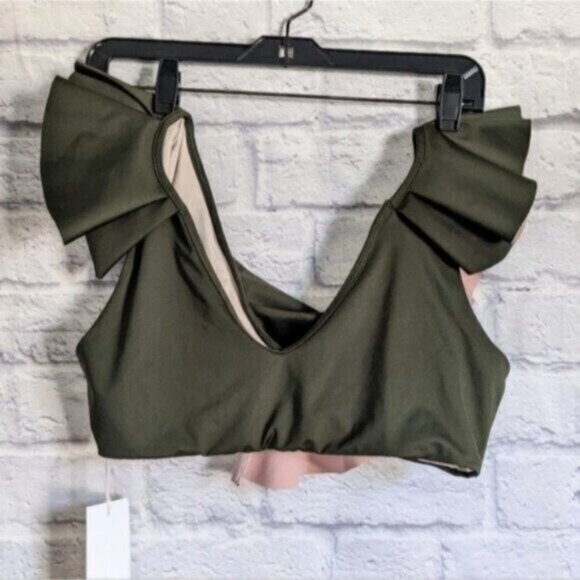 Ancora My Indulgent Bolero Bikini Top L Olive Green Pink NEW Ruffle Swimsuit - Picture 5 of 7
